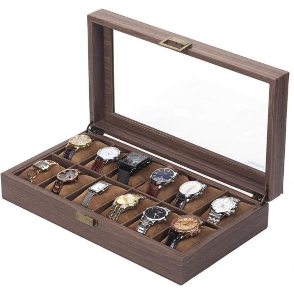 12 Slot PU Leather Watch Box Organizer Watch Case w/ Glass Top Luxury Watches